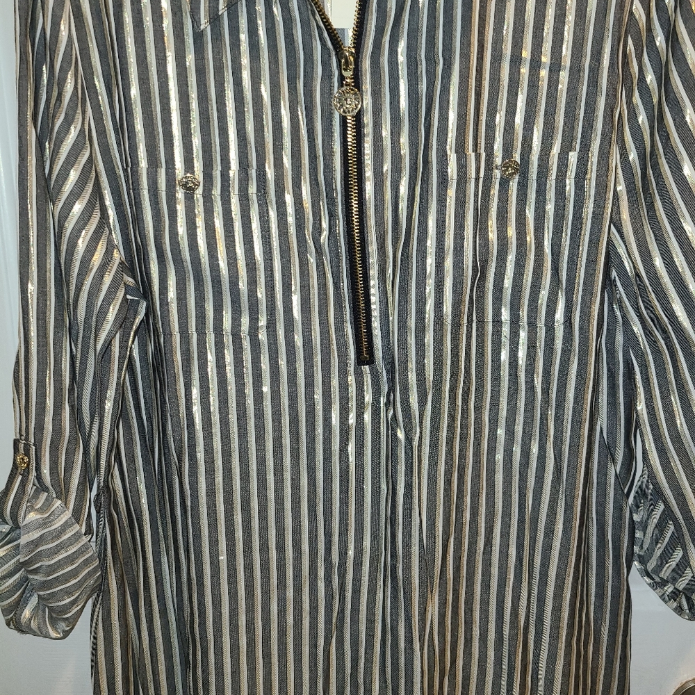 Belted Gold, white & silver shimmer dress